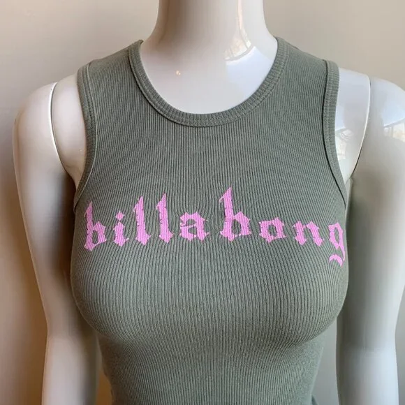 Billabong Olive green & pink Vintage tank top ribbed cotton - Picture 2 of 3